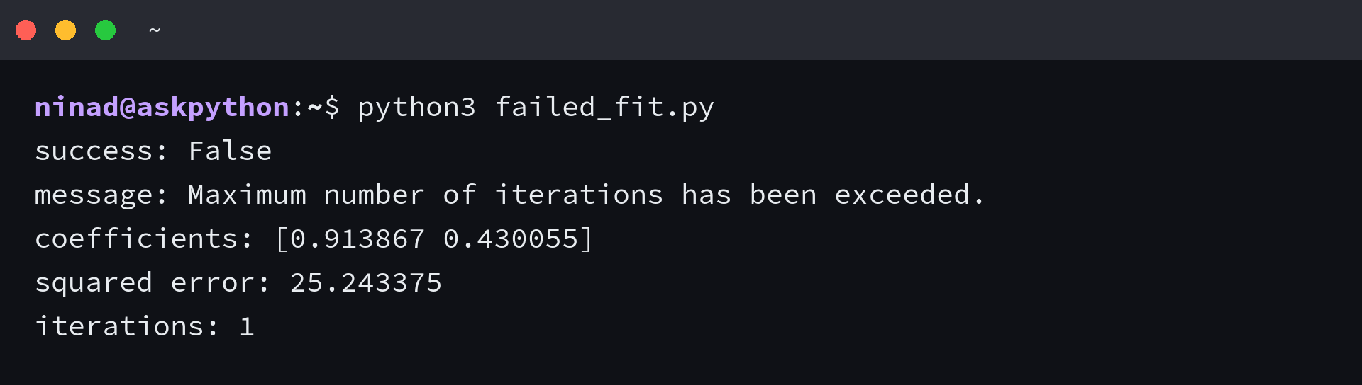 SciPy returns coefficients despite exceeding the iteration limit