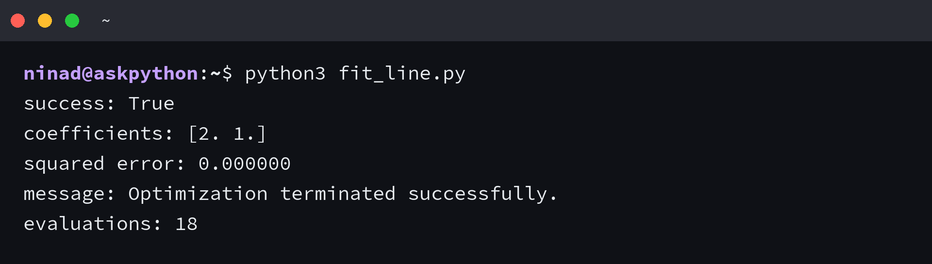 SciPy fit returns slope 2 and intercept 1 with successful termination