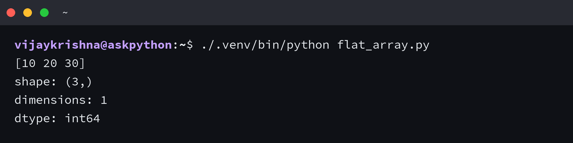 NumPy flat array output with shape (3,), one dimension and dtype int64