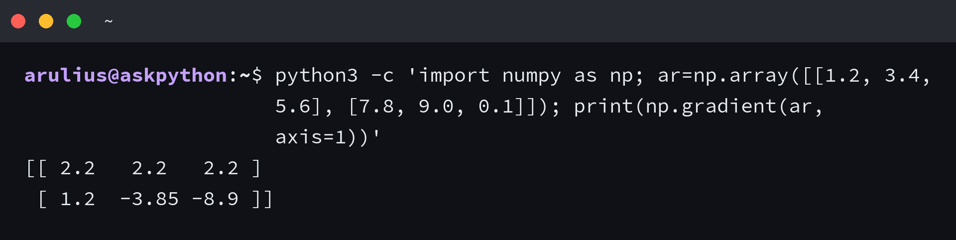 NumPy gradient along axis 1 for a two-row array