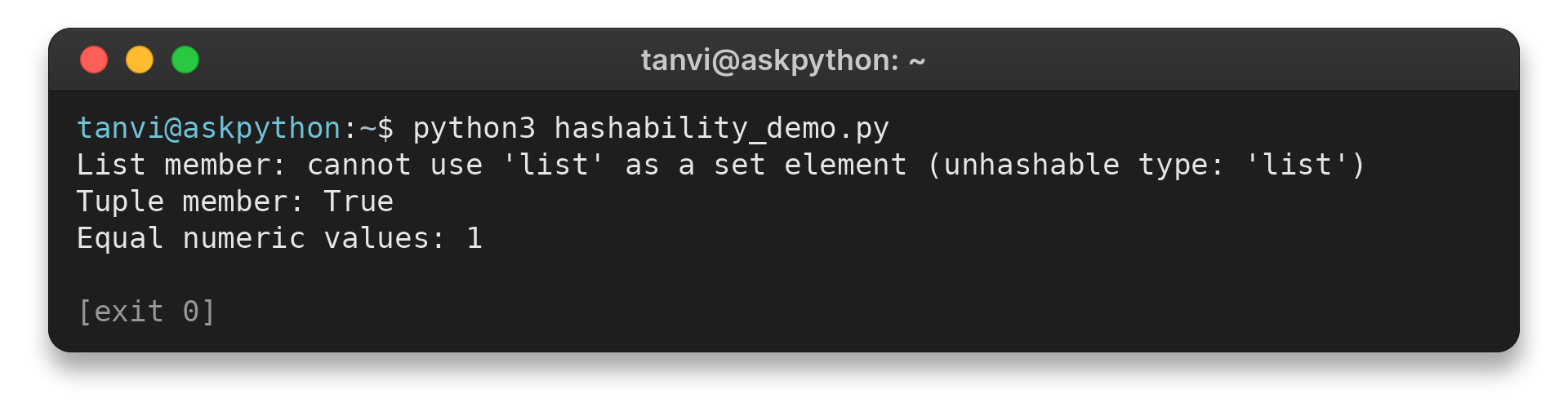 Unhashable list error, tuple membership, and equal numeric set values