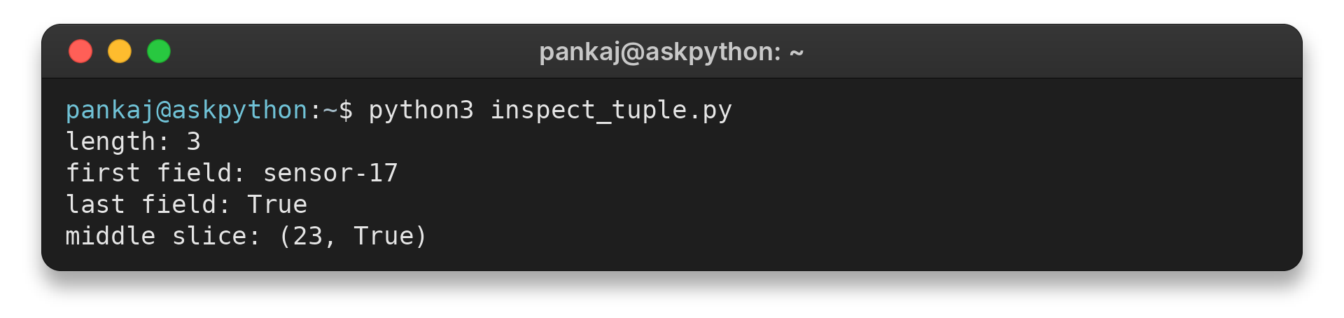 AskPython terminal output showing Python tuple length, indexing, negative indexing and slicing