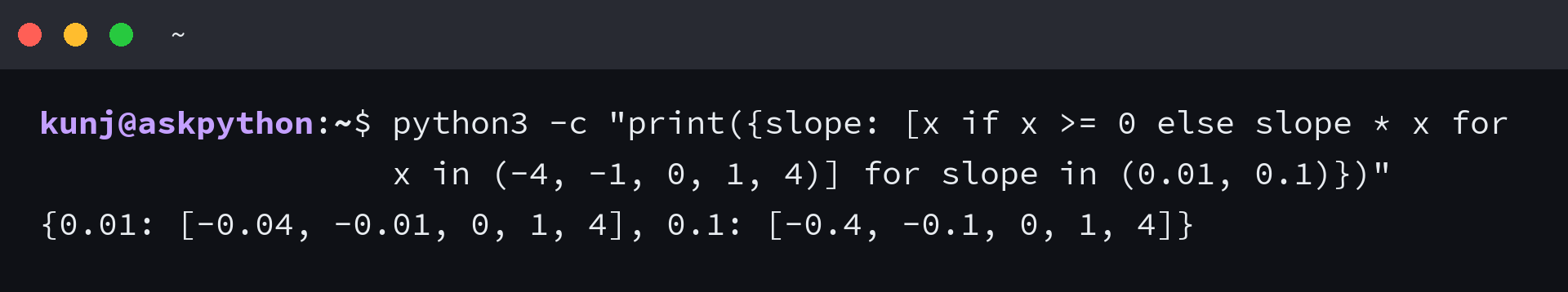 Leaky ReLU outputs for negative inputs at slopes 0.01 and 0.1