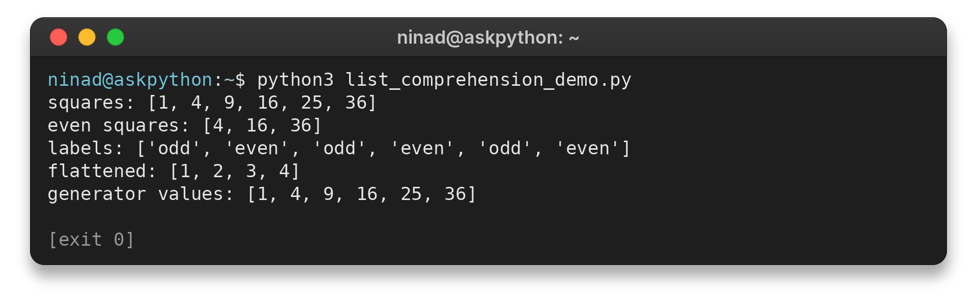 Terminal output from a Python list comprehension example
