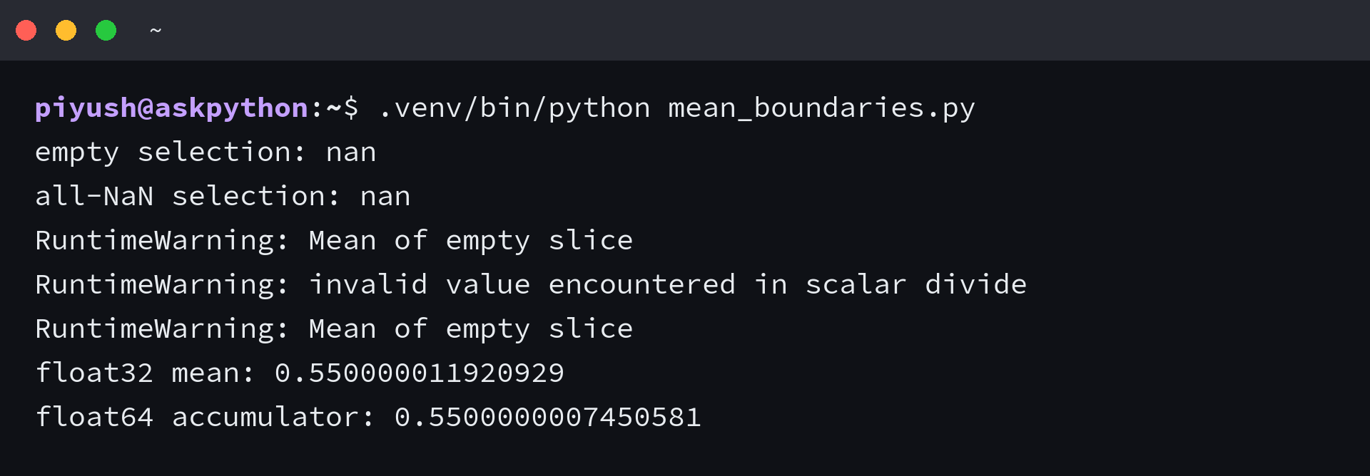 Terminal output showing undefined means for empty and all-NaN selections, with float32 and float64 accumulator results