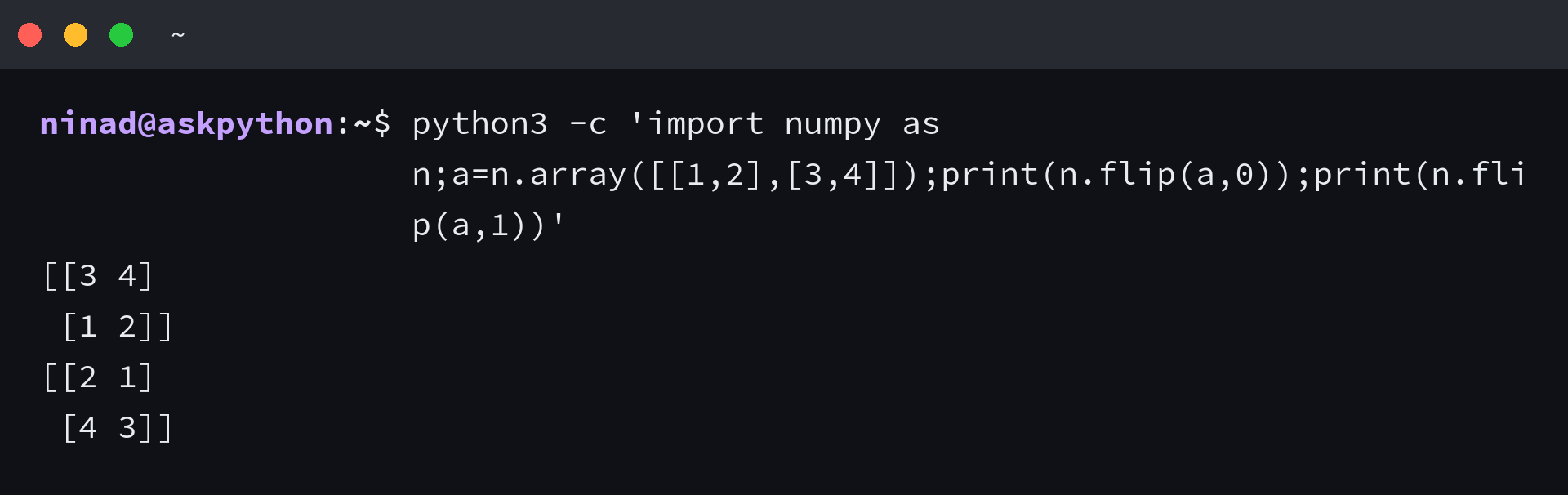 NumPy output showing axis-zero and axis-one flips of a two-by-two array