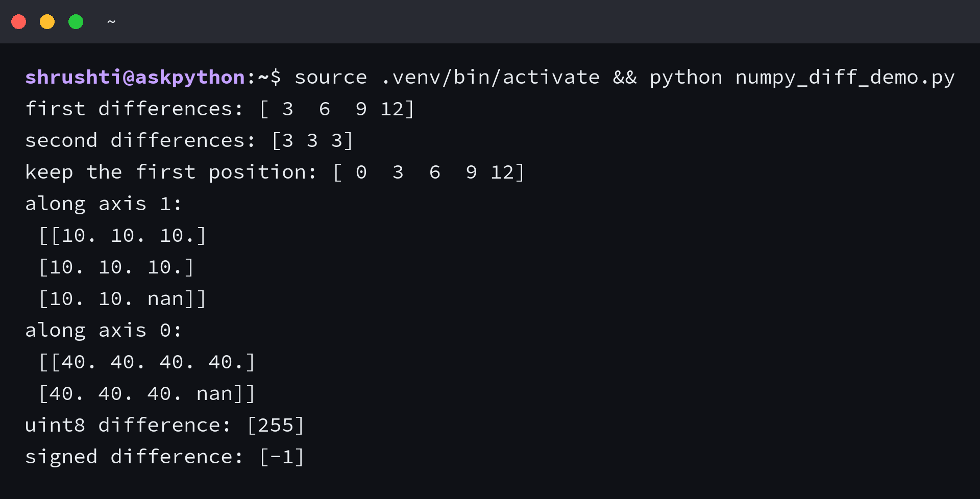 NumPy diff output for first and second differences, two axis choices, and unsigned subtraction