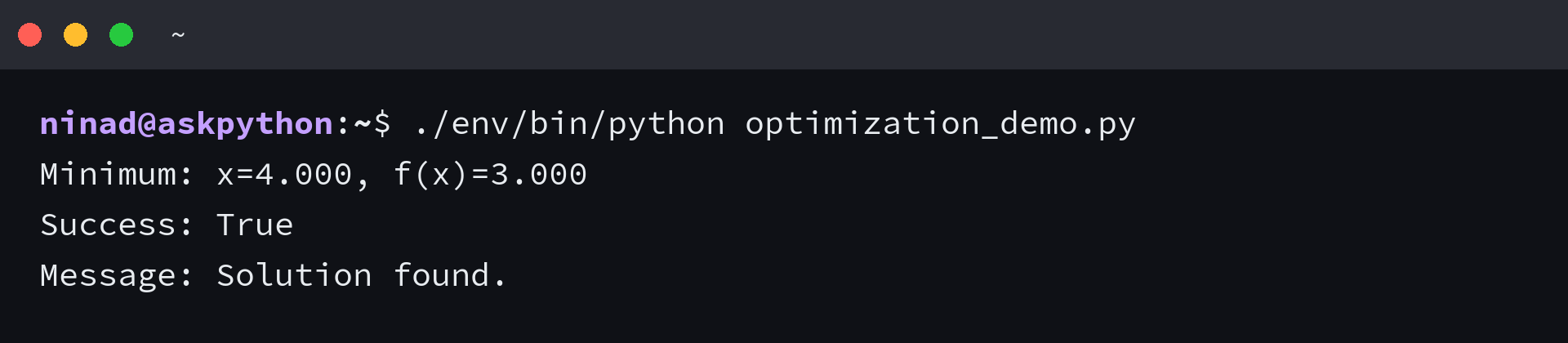 SciPy scalar minimization returning x 4, function value 3 and a successful termination message