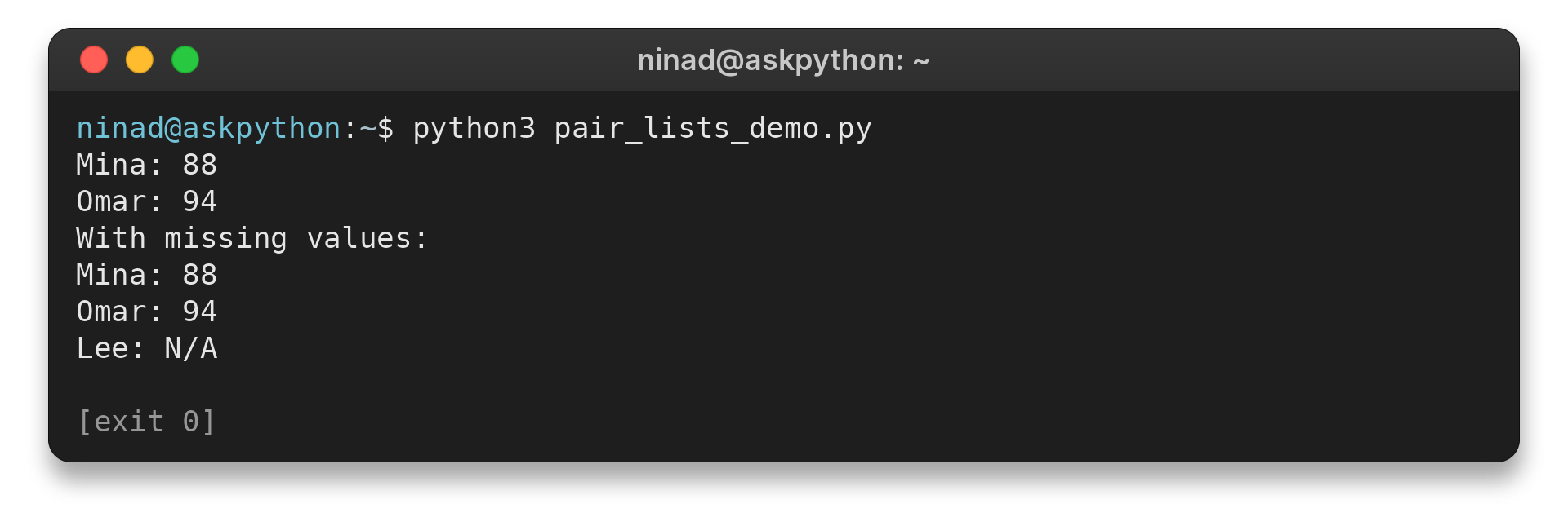 Python zip pairs names and scores with a missing value