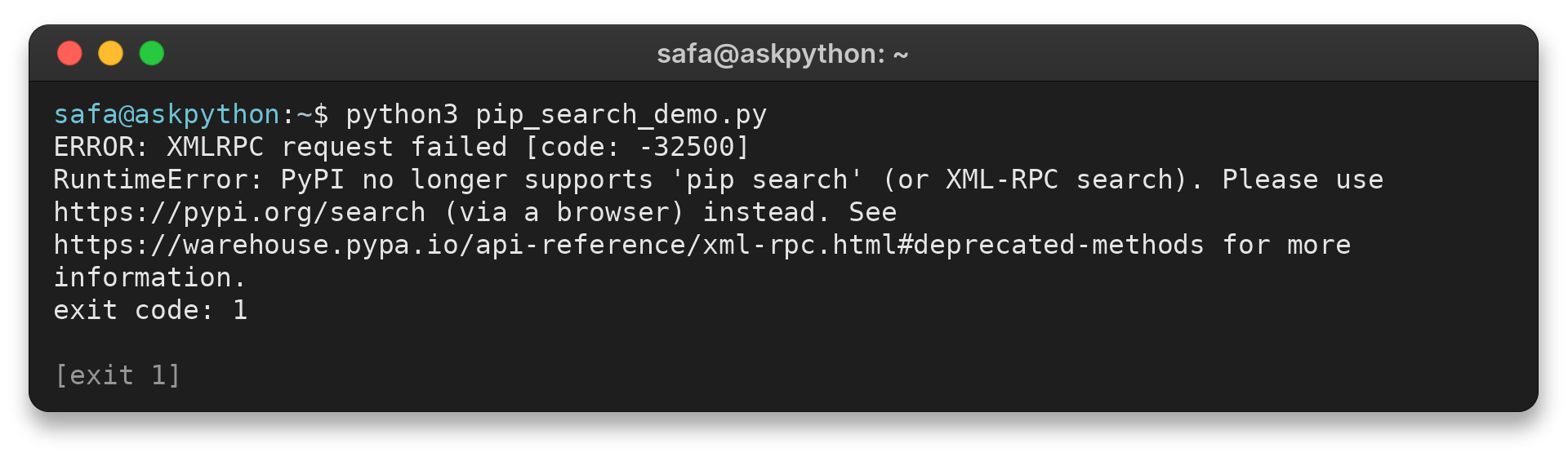 Terminal output showing pip search is no longer supported by PyPI