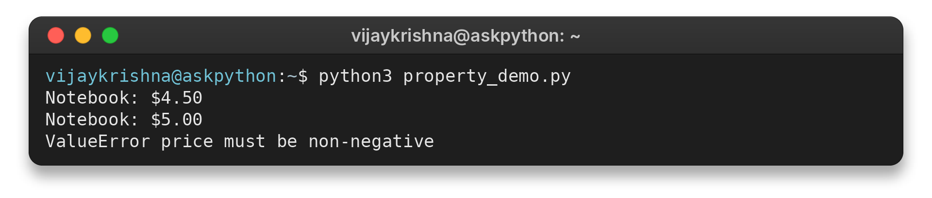 Python property getter and validated setter output