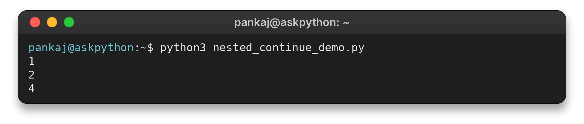 Terminal output of python3 nested_continue_demo.py: 1, 2, 4, with continue skipping 3 in the inner loop