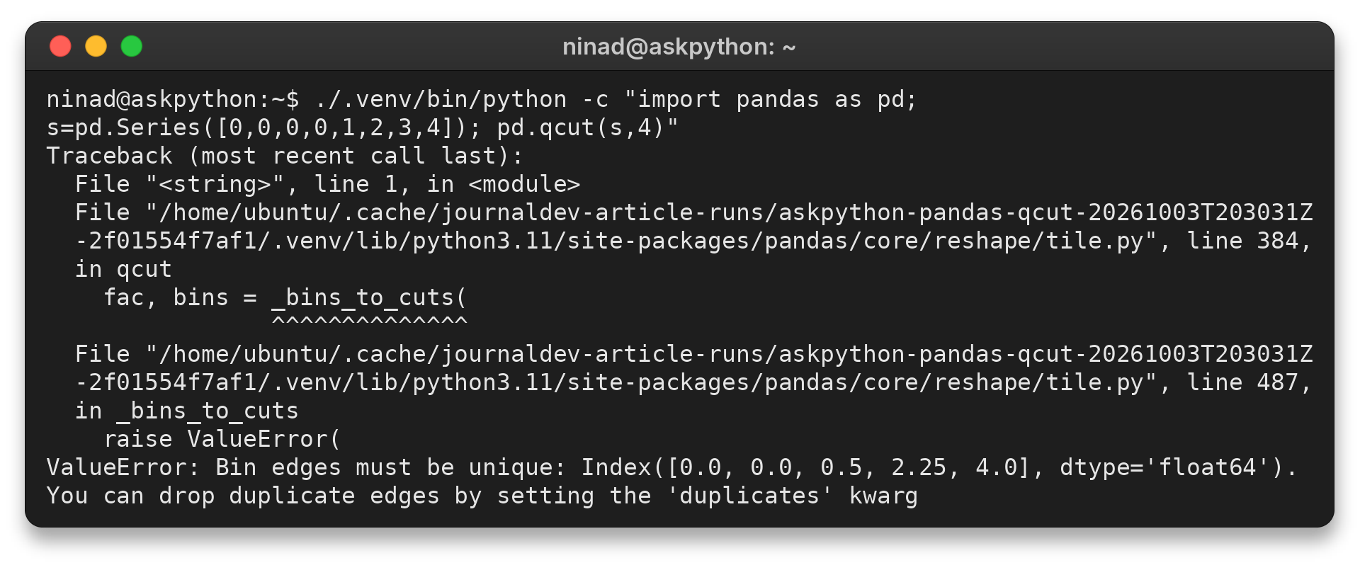 Pandas qcut ValueError caused by duplicate quantile bin edges