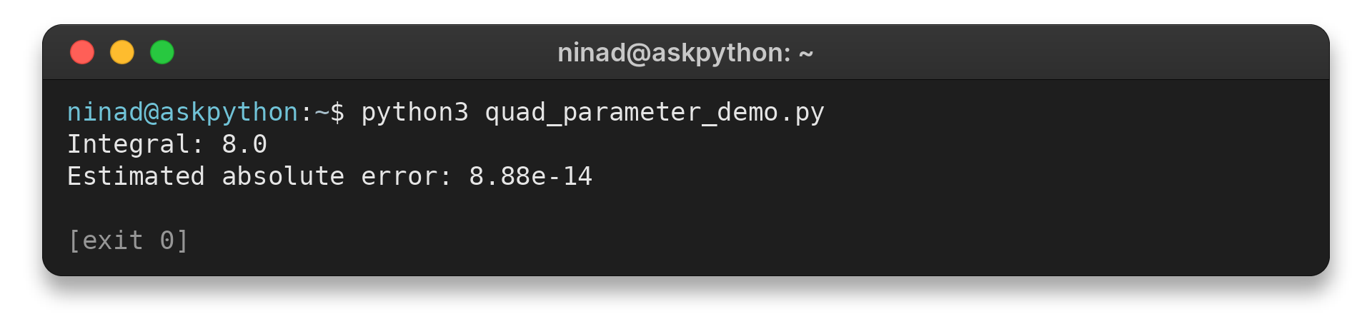 Terminal output from a SciPy quad example integrating 3x squared
