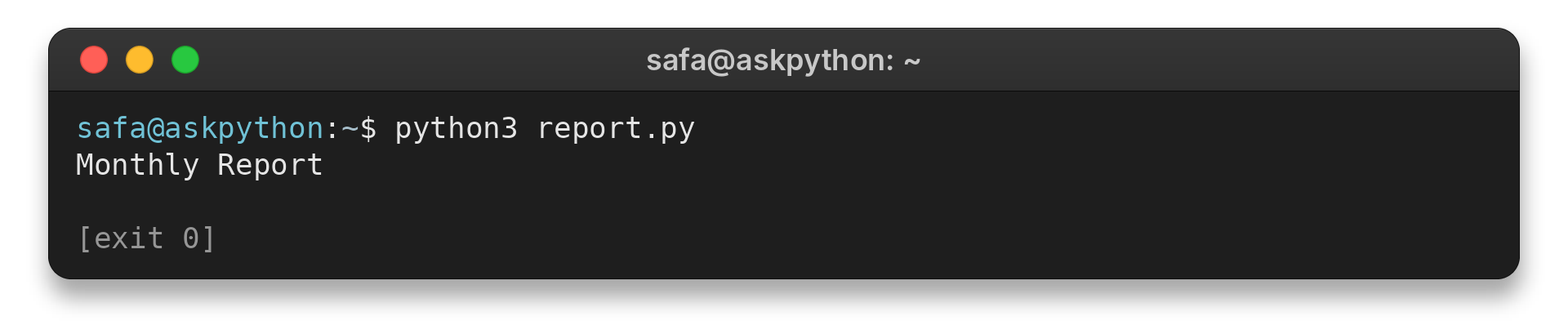 Terminal output from report.py showing Monthly Report