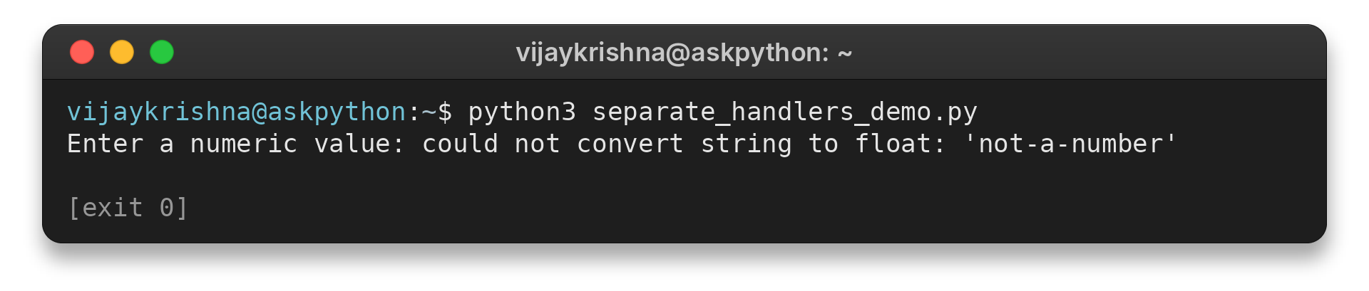 Terminal output from separate handlers for a conversion failure