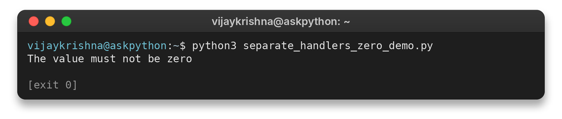Terminal output from a separate ZeroDivisionError handler