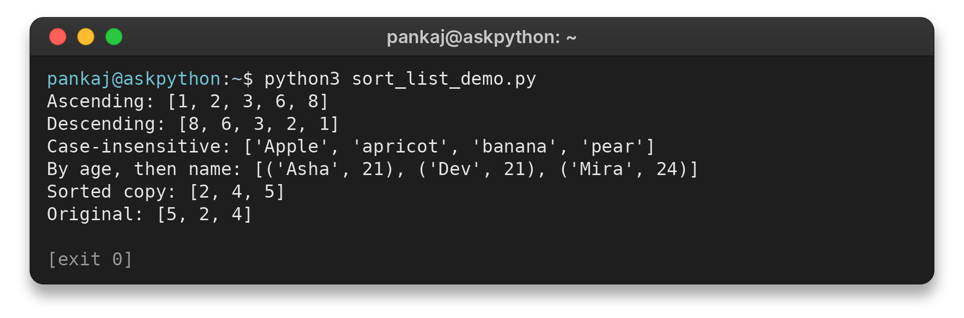 Terminal output showing Python list sorting examples