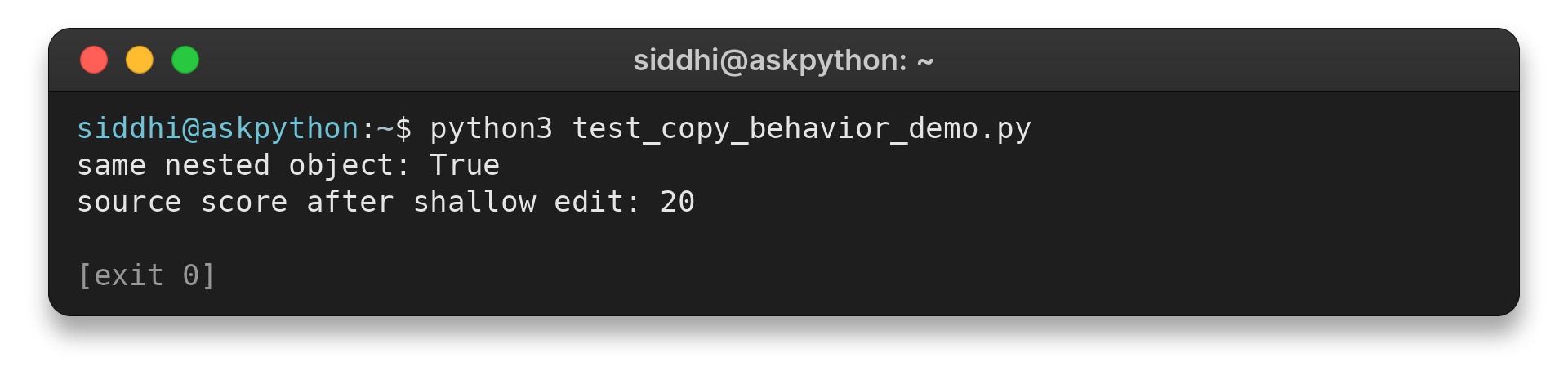 Terminal output showing a shallow copy shares its nested object
