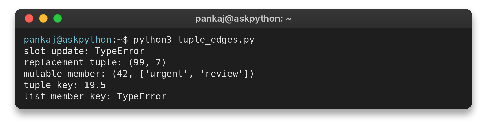 AskPython terminal output demonstrating tuple immutability, mutable members and hashable keys