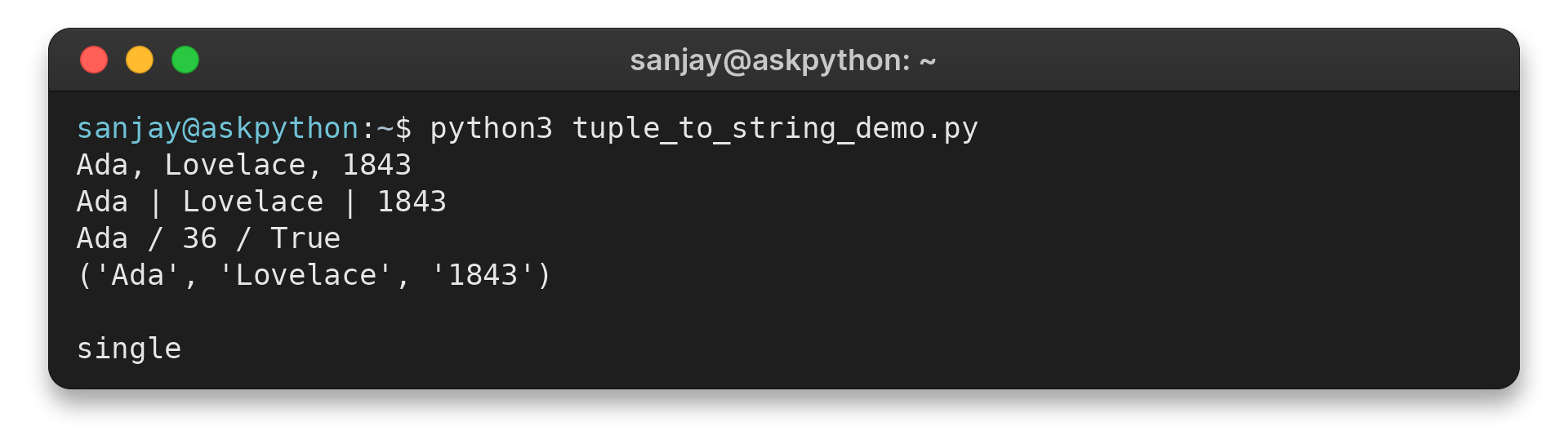Python terminal output showing joined tuple strings with comma and vertical bar separators