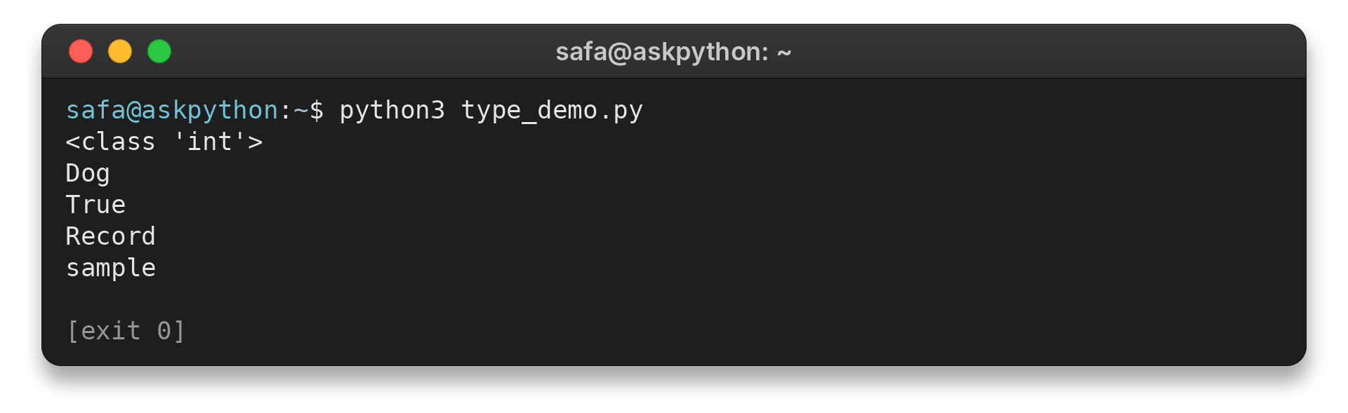 Terminal output showing Python type() and isinstance() results