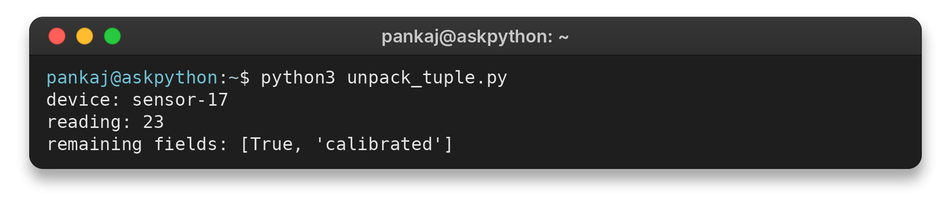 AskPython terminal output showing tuple unpacking with a starred remainder