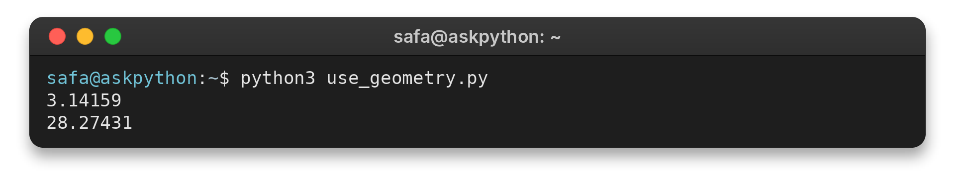 Terminal output from importing geometry and calculating a circle area