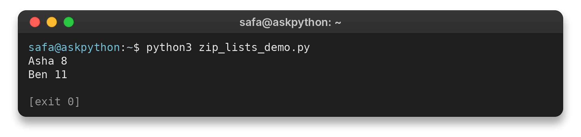 Terminal output showing zip pairing two names with their point values